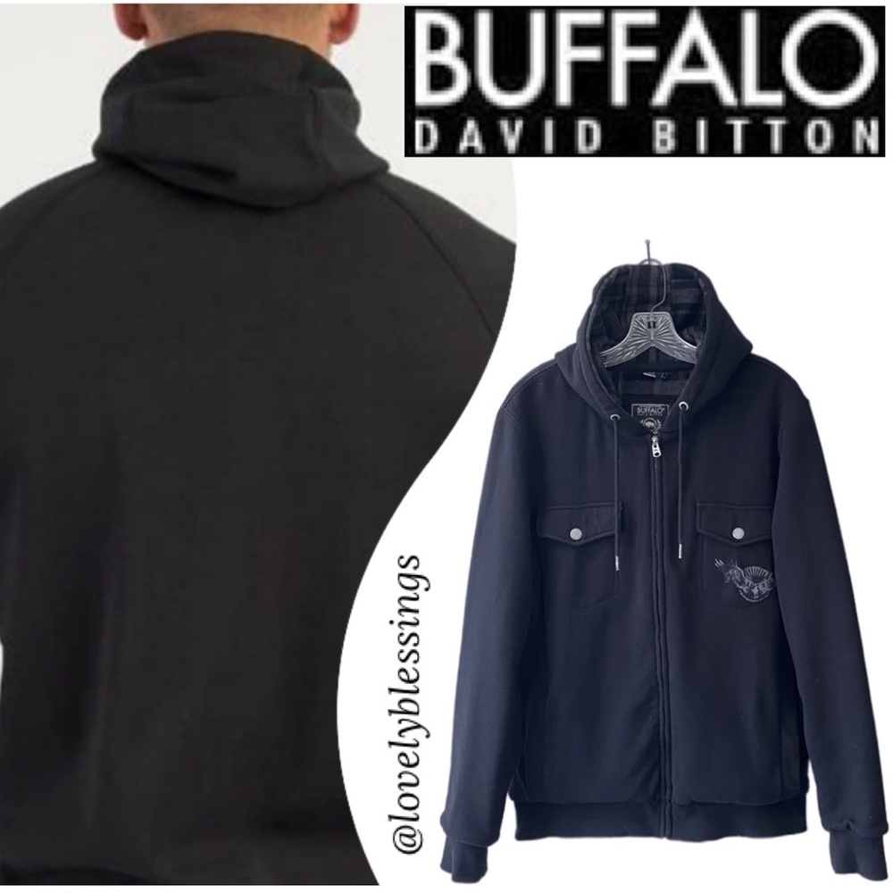 Black Hooded Jacket Buffalo David Bitton Bomber Varsity Shacket Mens Size Large